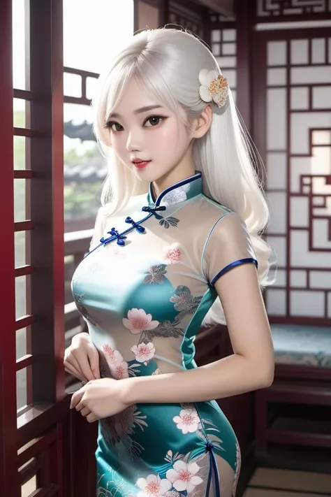 1girl,see-through,print_cheongsam,long white hair,PERFECT FACE,<lora:lbc_ST_print_cheongsam_XL:0.4>,