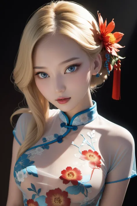 extremely high quality,1girl,PERFECT FACE,blond hair,hair ornament,blue eyes,see-through,print_cheongsam,jewelry,medium breasts,elegant,close-up,safflower,<lora:lbc_ST_print_cheongsam_XL:0.5>, grade light and shadow,simple background,human anatomy aesthetics,