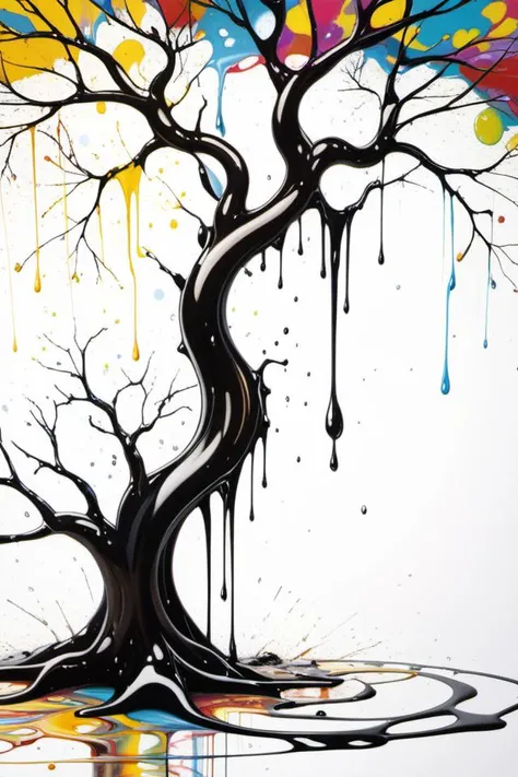 linquivera, liiv1, photograph, realistic, high resolution, Inkpunk, Inked, ink splashes and splatters, stains, black and white, a tree as a symbol of beauty, sensual, ecstasy, surrounded by swirling wet paint, surreal, abstract, bending in the wind, beautiful painted bark, intricate, elegant, masterpiece, best quality, (High Detail), intricate, colors, long drips of paint, Jackson Pollock, simple background, pattern background