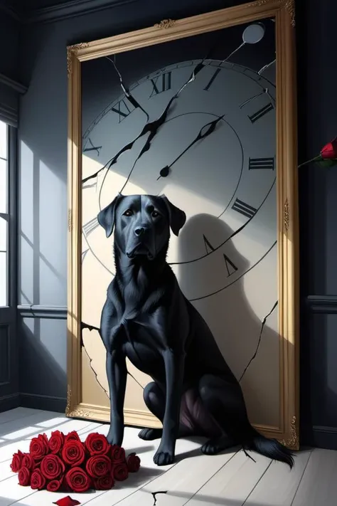 surrealism painting, 16k, extreme detail, fine textures, ((dark shadows)), dark, sharp lines, ((Come in Number 51, Your Time Is Up)), somber colors. beautiful. revealing. masterpiece. cracked,roses and dog