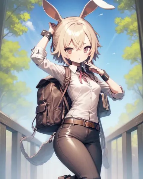 <lyco:NeokiV1.2-LyCORIS:1>rabbit ears, 1girl, solo, shirt, pants, belt, boots, backpack, outdoors