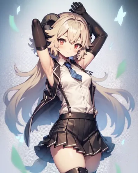 <lyco:NeokiV1.2-LyCORIS:1>sheep ears, 1girl, solo, (white sleeveless shirt:1.0)(red necktie:1.0)(black (knee_boots, elbow gloves, waistcoat, pleated_skirt, suspenders))