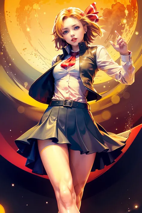 masterpiece, best quality, <lora:rumia:1>,jojo pose,1girl, red eyes, blonde hair, solo, hair ribbon, ribbon, skirt, short hair, skirt set, shirt, vest, long sleeves, looking at viewer, moon, blood, darkness, licking