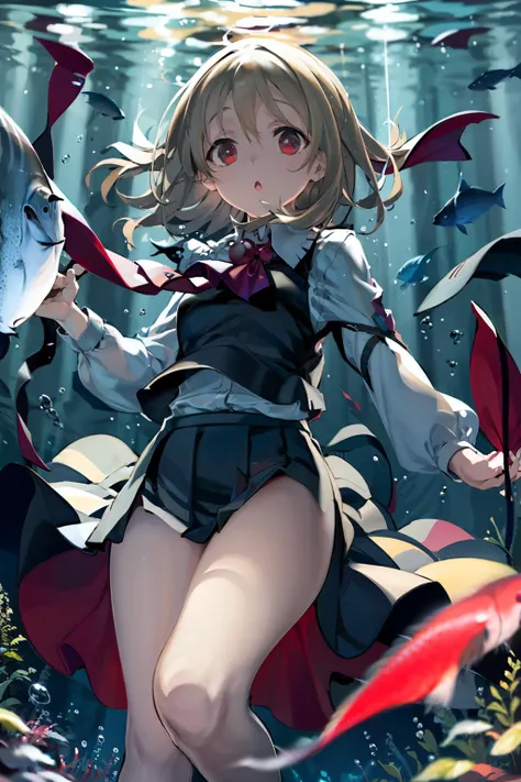 masterpiece, best quality, <lora:rumia:1>,1girl, rumia, skirt, red eyes, blonde hair, fish, shirt, underwater, black skirt, vest, short hair, bubble, black vest, air bubble, white shirt, hair ribbon, long sleeves, ribbon, solo, ascot, open mouth, red ribbon, looking at viewer, red ascot, feet out of frame, bangs, hair between eyes, collared shirt, :o, skirt set, red necktie, pleated skirt