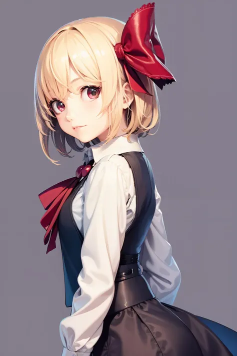 masterpiece, best quality, <lora:rumia:1>,1girl,blonde hair,red eyes,bow,ascot,shirt,vest,skirt, grey background, simple background, (kbxll:0.6)