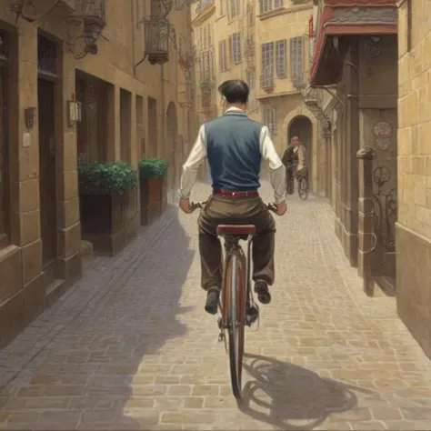a man riding a bicycle down a cobblestone street, in the style of Jean-Pierre Gibrat <lora:gibrat:1>