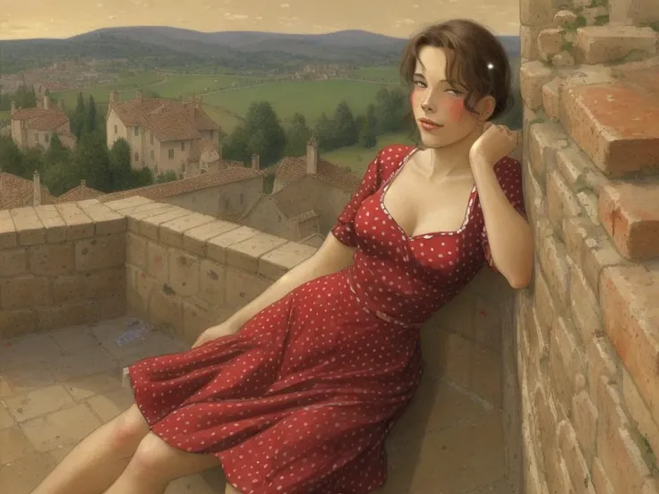 <lora:gibrat:1> woman in a red dress with polka dots, leaning against a stone wall in the countryside, by Jean-Pierre Gibrat