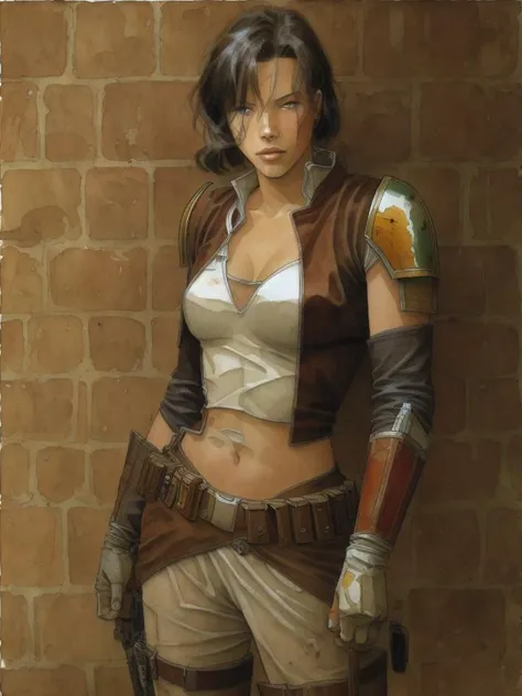 female Mandalorian warrior leaning against a brick wall, by Jean-Pierre Gibrat <lora:gibrat:1>, watercolor, alcohol ink, standing, body armor, bounty hunter