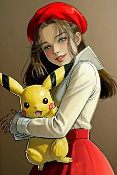 girl in a red beret, hugging a pikachu, illustration by Jean-Pierre Gibrat <lora:gibrat_2:1>