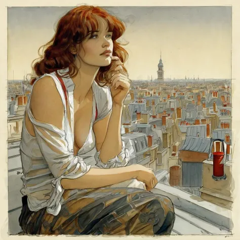 woman, auburn hair, seated, rooftop, extremely detailed, wistful, illustration by Jean-Pierre Gibrat <lora:JP_Gibrat_XL_1:1>