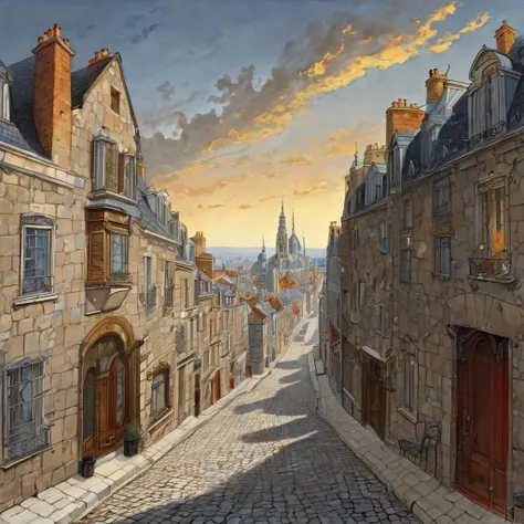 city street, extremely detailed, sky, clouds, cobblestone, buildings, illustration by Jean-Pierre Gibrat  <lora:JP_Gibrat_XL_1:1>