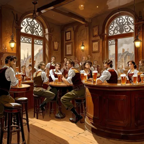 A group of men drinking beer in a tavern, long shot, 8k resolution , Masterpiece