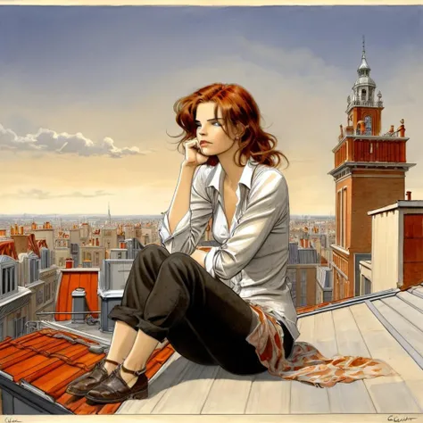 woman, auburn hair, seated, rooftop, extremely detailed, wistful, illustration by Jean-Pierre Gibrat , clouds, clock tower<lora:JP_Gibrat_XL_1:1>