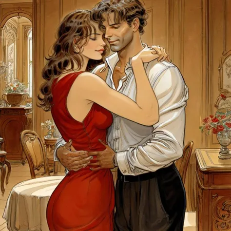 man and woman embracing, illustration by Jean-Pierre Gibrat, detailed background, indoors <lora:JP_Gibrat_XL_1:1>