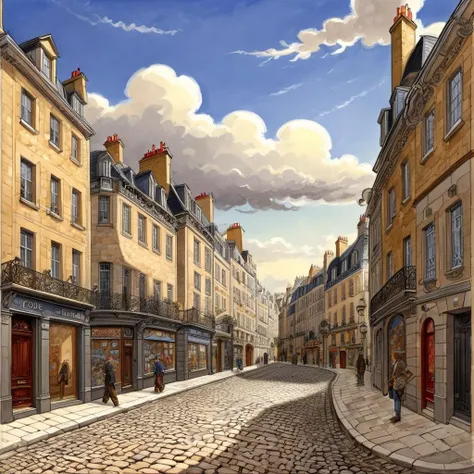 city street, extremely detailed, sky, clouds, cobblestone, buildings, illustration by Jean-Pierre Gibrat <lora:JP_Gibrat_XL_1:1>