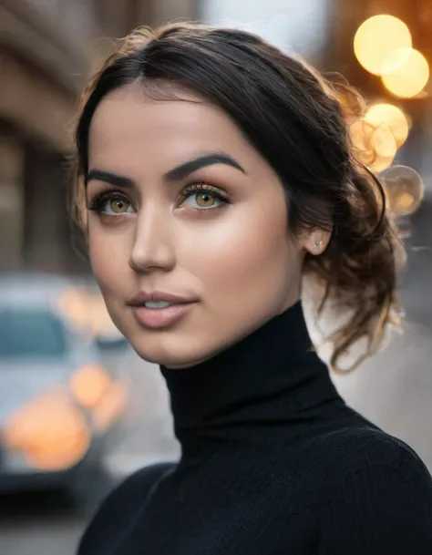 closeup portrait sexy 25 y.o. skswoman wearing black turtleneck and jeans, background city street bokeh <lora:Ana de Armas:1.2>