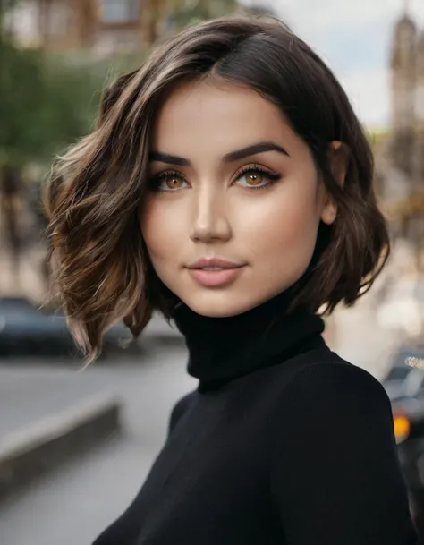 closeup portrait sexy 25 y.o. skswoman wearing black turtleneck and jeans, background city street bokeh <lora:Ana de Armas:1.2>