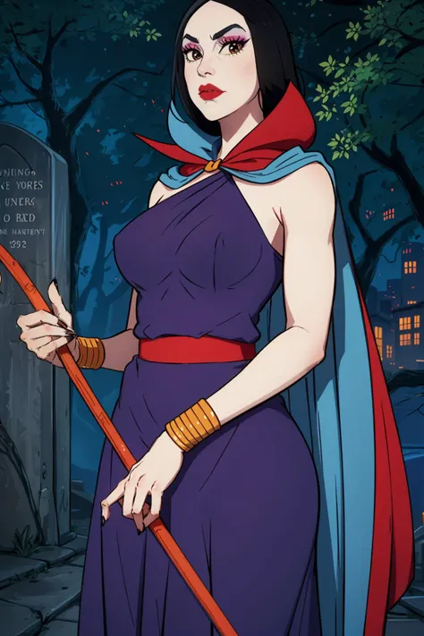 masterpiece, best quality, highly detailed,
1girl, youkainingen, colored skin, black hair, makeup, cape, long dress, whipping, One Shoulder Dress, graveyard, night,
<lora:youkainingenV1:0.8>