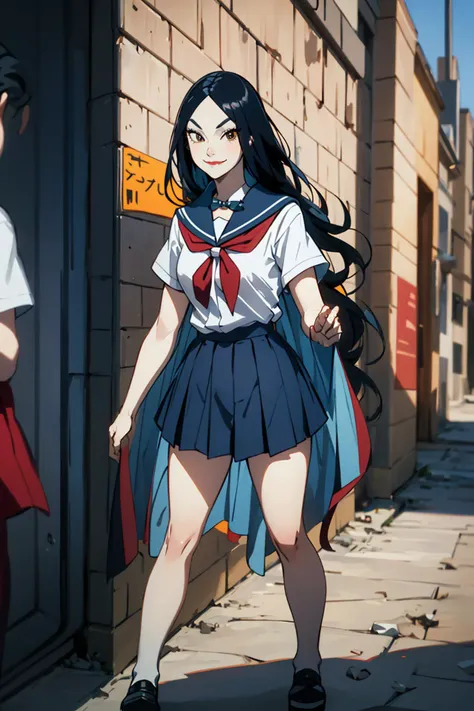 masterpiece, best quality, highly detailed,
1girl, solo, youkainingen, colored skin, black hair, very long hair, makeup, smirk,
school uniform, serafuku, white shirt, short sleeves, white colloar, red collar ribon, navy skirt, miniskirt, pleated skirt,
<lora:youkainingenV1:0.8>