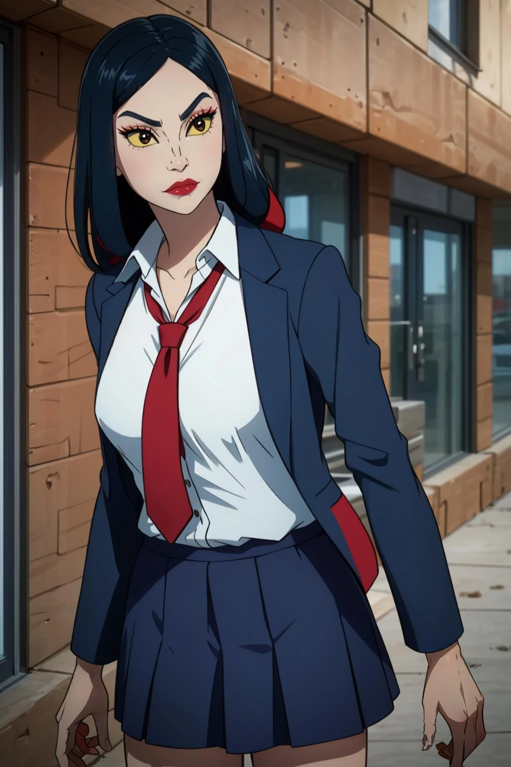 masterpiece, best quality, highly detailed,
1girl, solo, youkainingen, colored skin, black hair, makeup,
school uniform, blazer, navy jacket, red tie, white shirt, navy skirt, miniskirt, pleated skirt, school,
<lora:youkainingenV1:0.8>