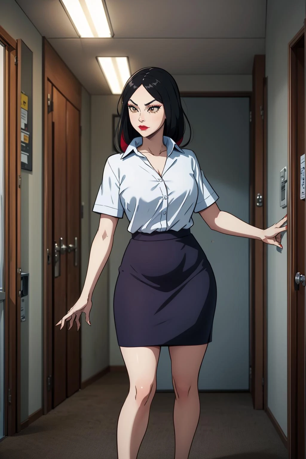 masterpiece, best quality, highly detailed,
1girl, youkainingen, colored skin, black hair, makeup,
office lady, white shirt, pencil skirt, high heels, indoors, whipping,
<lora:youkainingenV1:0.8>