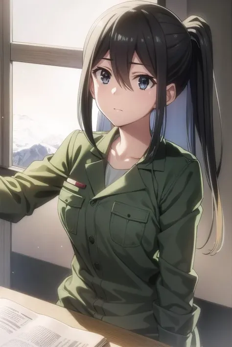 ryoukokusakabe, <lora:ryouko kusakabe s2-lora-nochekaiser:1>,
ryouko kusakabe military uniform, long hair, black hair, ponytail, uniform, military, military uniform, (black eyes:1.3),
BREAK ,
BREAK indoors,
BREAK looking at viewer, (cowboy shot:1.5),
BREAK <lyco:GoodHands-beta2:1>, (masterpiece:1.2), best quality, high resolution, unity 8k wallpaper, (illustration:0.8), (beautiful detailed eyes:1.6), extremely detailed face, perfect lighting, extremely detailed CG, (perfect hands, perfect anatomy),