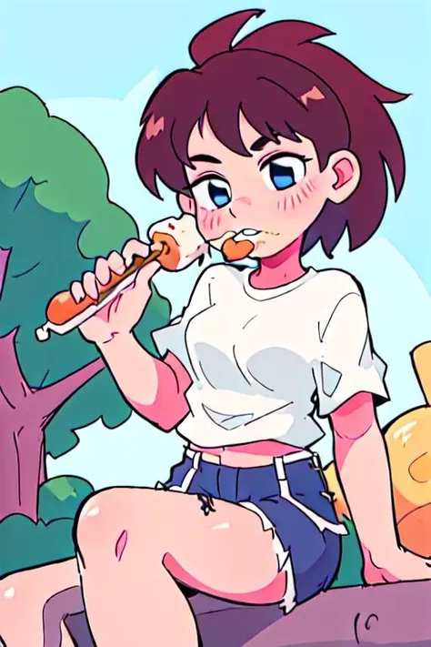 <lora:style15_v10:1> 1girl, sitting at a food truck, eating a corndog