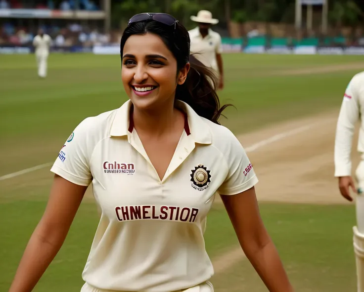 cinematic film still ParineetiChopra, <lora:ParineetiChopraSDXL:1> a photo of a woman, at a cricket game, wearing jersey, smile, best quality, detailed skin . shallow depth of field, vignette, highly detailed, high budget, bokeh, cinemascope, moody, epic, gorgeous, film grain, grainy