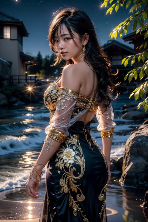 (realistic:1.3), finely detailed, quality, rembrandt lighting, (masterpiece:1.2), (photorealistic:1.2), (best quality), (detailed skin:1.3), (intricate details), dramatic, ray tracing, 1girl, japanese girl, 21 years old, detailed skin texture, (blush:0.5), (goosebumps:0.5), subsurface scattering, smiling, medium breasts, long hair curls, bangs, hair between eyes, black and gold dress, long sleeves, see-through, (glowing:1.3), cowboy shot, (night, night sky, outdoors, nature), <lora:GlowingGirl:0.75>