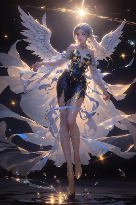 1girl,<lora:GlowingGirl:0.8>,glowing,silk dress,see-through,elegant,lazy,wind,floating hair,white hair,night,spinning,dynamic pose,dynamic angle,necklace,jewel,glitter,full body,glowing wings,from below,ripples,standing on lequid,drop of water,stretch out one's hand,angel,pity,redemption,