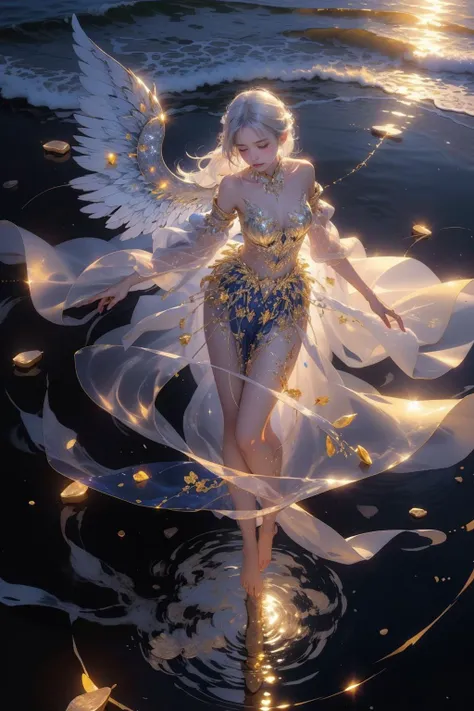 1girl,<lora:GlowingGirl:0.8>,glowing,silk dress,see-through,elegant,lazy,wind,floating hair,white hair,night,spinning,dynamic pose,dynamic angle,necklace,jewel,glitter,full body,glowing wings,from above,ripples,standing on lequid,drop of water,