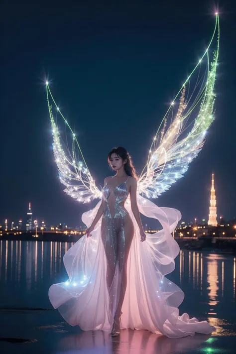 Best Quality, Masterpiece, Illustration, (Realistic, Photorealistic: 1.37), Stunning, Fine Detail, Incredibly Ridiculous, Huge File Size, Super Detailed, High Resolution, Extremely detailed CG uniform 8k wallpaper, ray tracing, nsfw, 1girl, upper body, glamor portrait of a slim petite young Korean woman who has some floating transparent glittery veil covering certain parts of her body. She has transparent glowing fairy wings on her back. She stood elegantly in front of a floor-to-ceiling window, overlooking the futuristic neon city at night.