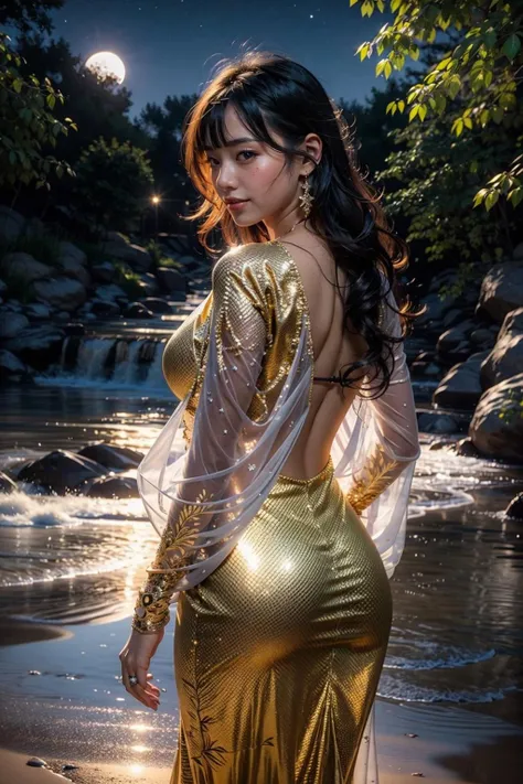 (realistic:1.3), finely detailed, quality, rembrandt lighting, (masterpiece:1.2), (photorealistic:1.2), (best quality), (detailed skin:1.3), (intricate details), dramatic, ray tracing, 1girl, japanese girl, 21 years old, detailed skin texture, (blush:0.5), (goosebumps:0.5), subsurface scattering, smiling, medium breasts, long hair curls, bangs, hair between eyes, black and gold dress, long sleeves, see-through, (glowing:1.3), cowboy shot, (night, night sky, outdoors, nature), <lora:GlowingGirl:0.75>