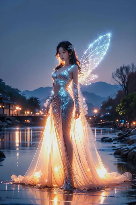 ((dim light, soft lighting, night scene):1.6),
Best Quality, Masterpiece, Illustration, (Realistic, Photorealistic: 1.37), Stunning, Fine Detail, Incredibly Ridiculous, Huge File Size, Super Detailed, High Resolution, Extremely detailed CG uniform 8k wallpaper, ray tracing, nsfw, 1girl, full body, glamor portrait of a slim petite young Korean woman who has some floating transparent glittery veil covering certain parts of her body. She has transparent glowing fairy wings on her back, ((((facing viewer)))), outdoors:1.3,
