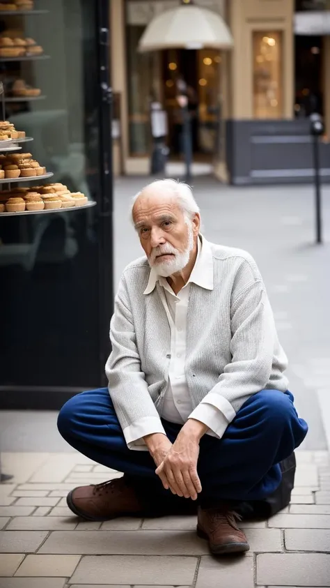 street photography, paris pâtisserie, old man, bum, sitting on the floor in the street,