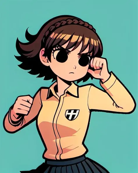 <lora:scottpilgrimvstheworld:1> scottpilgrimvstheworld, 1girl, black eyes,  dsmakoto, brown hair, school uniform, collared shirt, skirt, pleated skirt, white shirt, black skirt, crown_braid, upper body, simple background, dynamic pose,  <lora:makotoNiijima_e5:0.6>