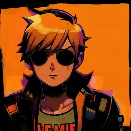 <lora:scottpilgrimvstheworld:1> scottpilgrimvstheworld, 1boy, simple background, orange hair, shirt, open jacket, upper body, looking at viewer, v-shaped eyebrows,  <lora:cyberpunk2077Tarot_tarotCard512x1024:1>  <lora:DiscoElysiumStyle_v1:0.5>