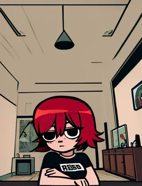 masterpiece, best quality, <lora:SakuraVRC:0.6> SakuraVRC, 1girl, solo, short hair, red hair, green eyes, hair between eyes, <lora:kim_pine_v2:1> kim pine, <lora:scottpilgrimvstheworld:1> scottpilgrimvstheworld, upper body, t-shirt, indoors, living room, chibi