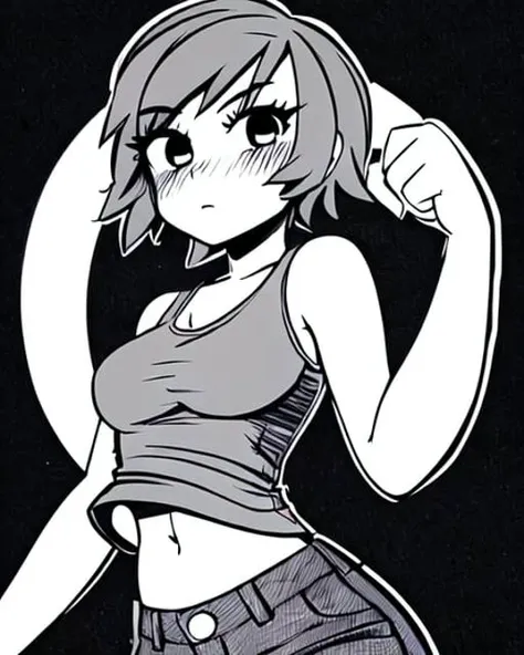 <lora:scottpilgrimvstheworld:0.9> scottpilgrimvstheworld, SakuraVRC, 1girl, red hair, short_hair, looking at viewer, solo, blush, upper body, dynamic pose, jeans, tank top, midriff, navel, monochrome, greyscale, <lora:SakuraVRC:0.5>