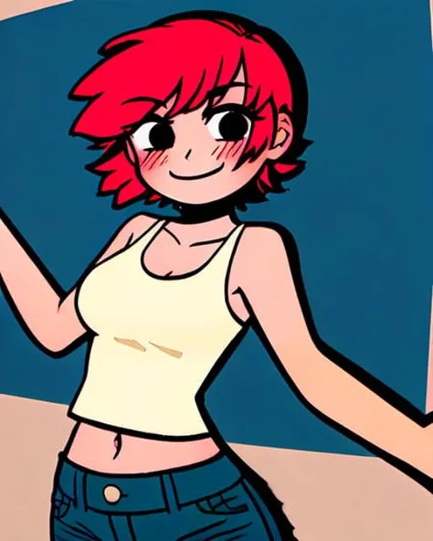 <lora:scottpilgrimvstheworld:1> scottpilgrimvstheworld, SakuraVRC, 1girl, red hair, short_hair, looking at viewer, solo, blush, upper body, dynamic pose, jeans, denim, tank top, midriff, navel, happy, <lora:SakuraVRC:0.5>