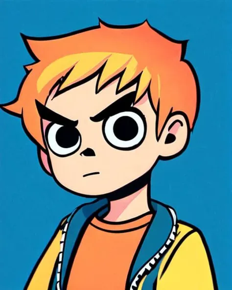 <lora:scottpilgrimvstheworld:1> scottpilgrimvstheworld, 1boy, simple background, orange hair, shirt, open jacket, upper body, looking at viewer, v-shaped eyebrows,