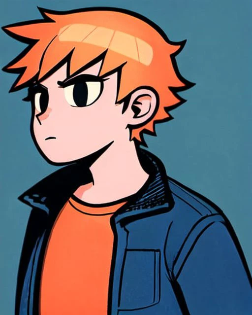 <lora:scottpilgrimvstheworld:1> scottpilgrimvstheworld, 1boy, simple background, orange hair, shirt, open jacket, upper body,