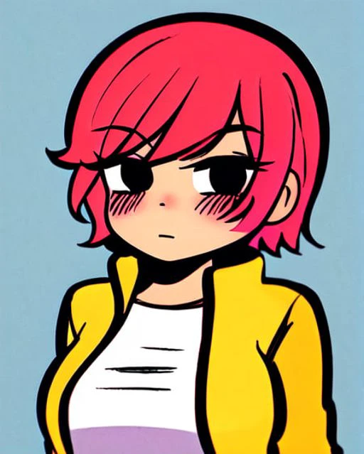 <lora:scottpilgrimvstheworld:1> scottpilgrimvstheworld, SakuraVRC, 1girl, red hair, jacket, breasts, short_hair, looking at viewer, simple_background, black background, solo, blush, upper body, <lora:SakuraVRC:0.5>