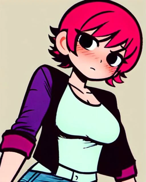 <lora:scottpilgrimvstheworld:1> scottpilgrimvstheworld, SakuraVRC, 1girl, red hair, jacket, breasts, short_hair, looking at viewer, simple_background, black background, solo, blush, upper body, dynamic pose, jeans, denim, tank top, <lora:SakuraVRC:0.5>