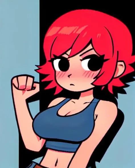 <lora:scottpilgrimvstheworld:1> scottpilgrimvstheworld, SakuraVRC, 1girl, red hair, breasts, short_hair, looking at viewer, simple_background, black background, solo, blush, upper body, dynamic pose, jeans, denim, tank top, midriff, navel,  <lora:SakuraVRC:0.5>