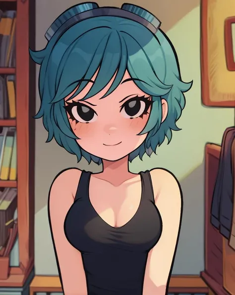 masterpiece, best quality, 1girl, solo, (chibi:0.7), closed mouth, smile, looking at viewer, <lora:thickerLinesAnimeStyle_loraVersion:1> scottpilgrimvstheworld, <lora:scottpilgrimvstheworld:0.9>, upper body, black eyes, black camisole, ramona flowers, indoors, <lora:ramona_flowers_v2:1>