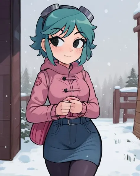 masterpiece, best quality, 1girl, solo, (chibi:0.7), closed mouth, smile, looking at viewer, <lora:thickerLinesAnimeStyle_loraVersion:1> scottpilgrimvstheworld, <lora:scottpilgrimvstheworld:0.9>, denim skirt, pink pantyhose, wintercoat, black camisole, ramona flowers, snowing, snow, <lora:ramona_flowers_v2:1>