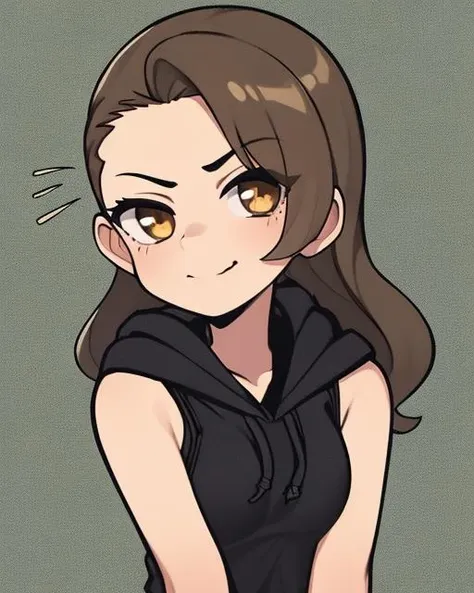 masterpiece, best quality, 1girl, solo, long hair, upper body, looking at viewer, brown hair, brown eyes, (chibi:0.8), closed mouth, small breasts, raised eyebrow, seductive smile, <lora:thickerLinesAnimeStyle_loraVersion:1>, no bangs, forehead, (curly hair:0.9), tank top, white tank top, hoodie, hood down, open hoodie, black hoodie, scottpilgrimvstheworld, <lora:scottpilgrimvstheworld:0.6>