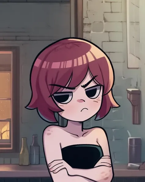 masterpiece, best quality, 1girl, solo, (chibi:0.7), closed mouth, frown, looking at viewer, <lora:thickerLinesAnimeStyle_loraVersion:1> scottpilgrimvstheworld, <lora:scottpilgrimvstheworld:0.9>, upper body, black eyes, dress, polka dot dress, black dress, strapless dress, indoors, kim pine, v-shaped eyebrows, crossed arms, <lora:kim_pine_v2:1>