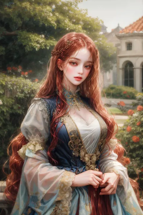 (absurdres, highres, ultra detailed), 1girl, solo, mature, (very long hair, red hair), Baroque, long dress, long sleeve, elegant, colorful, highest detailed, upper body, outdoors, garden